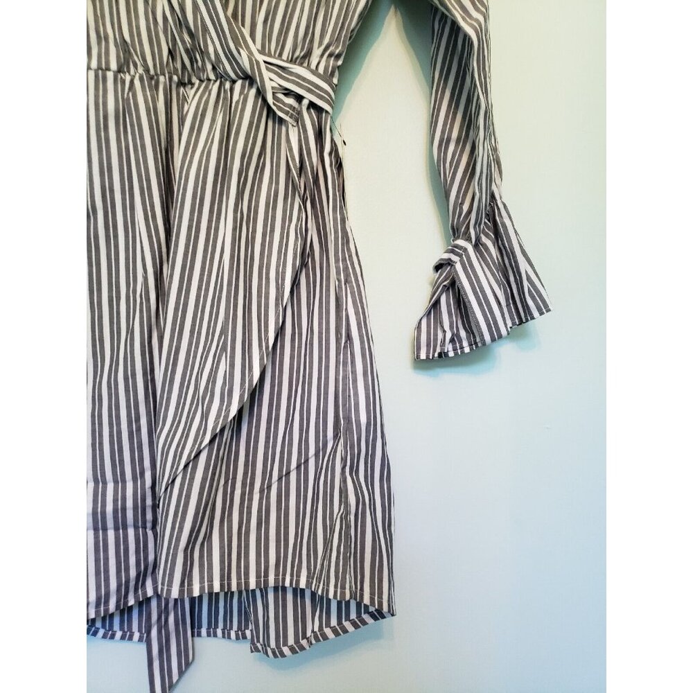 Express Women XS Faux Wrap Mini Dress Long Sleeve Stripe Gray V Neck Cotton NWT - Picture 3 of 7
